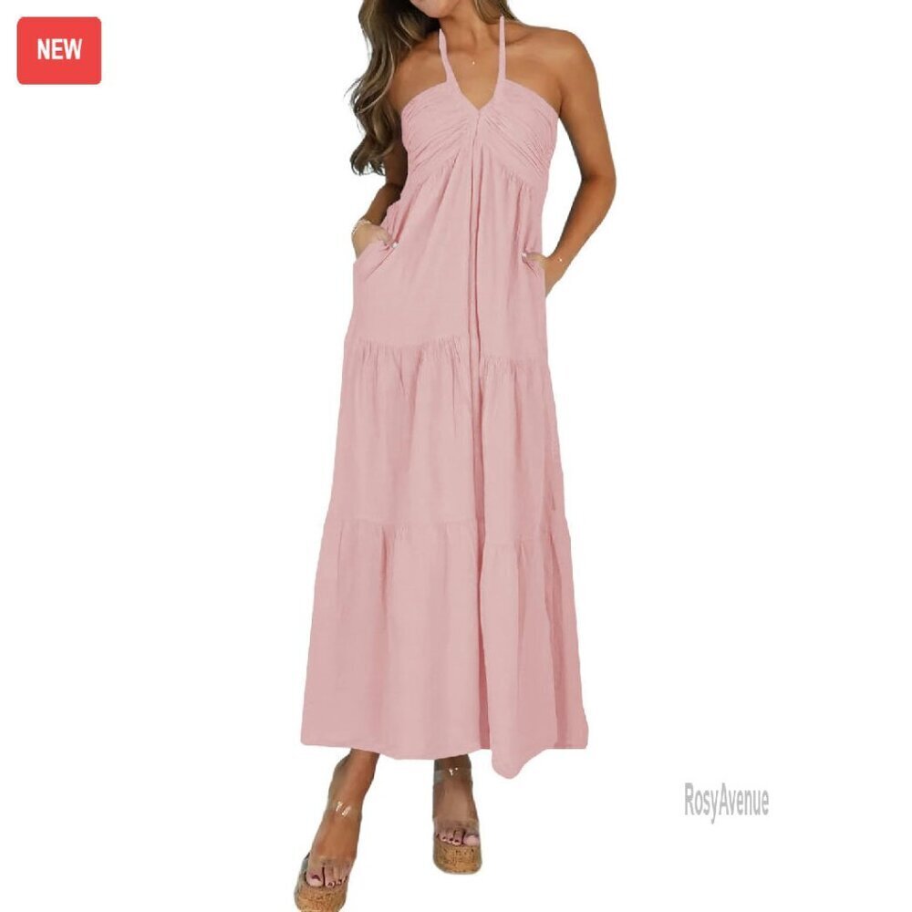Casual Halter Tiered Maxi Dress with Pockets, Vacation Style